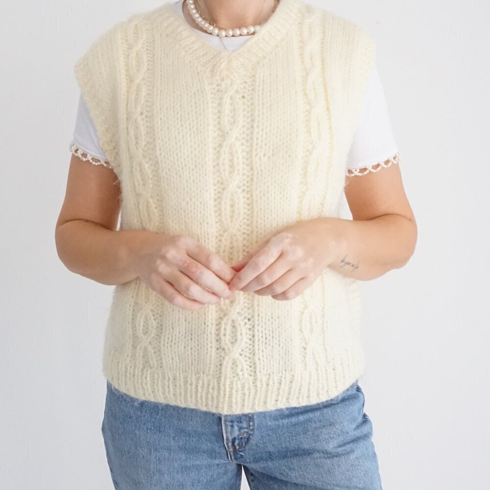 Handmade Cream Cable Braided Knit Fisherman Sweater Vest M - Picture 2 of 8